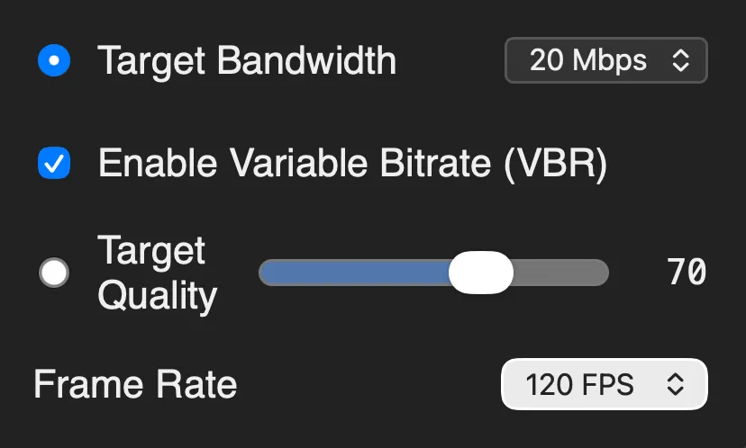 Configuration Panel for video and stream settings